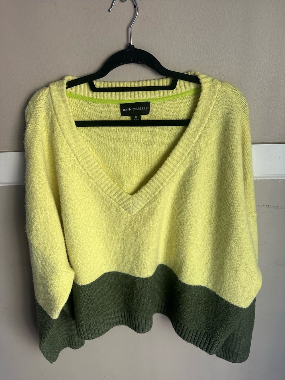 Wildfang Two-Tone V-Neck Sweater in Lemon Yellow and Olive 3X